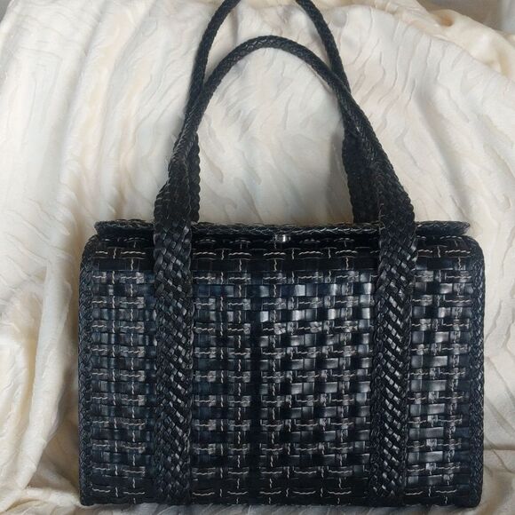 Vintage 90s Black Woven Leather Handbag - Picture 9 of 17